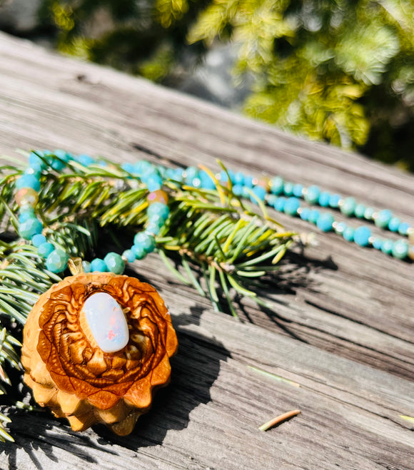 Mini White Opal Pinecone Pendant w/ Turquoise Beaded Chain